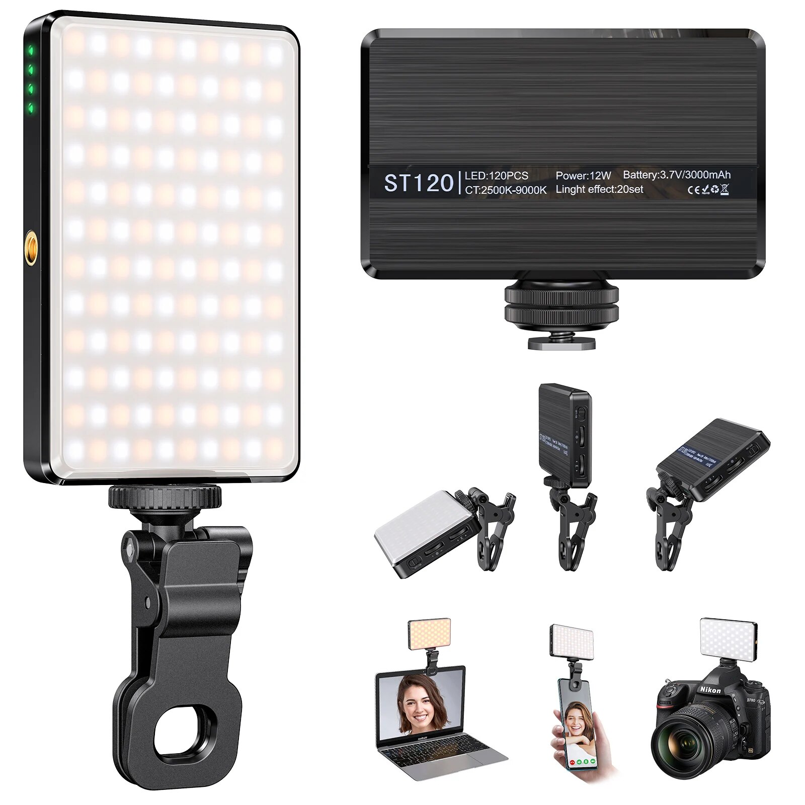 ST-120 LED Video Light Fill Light Rechargeable 3000 MAh Ajusted 3 Light Modes CRI95 Portable Mini Selfie Light 2500-9000K. 