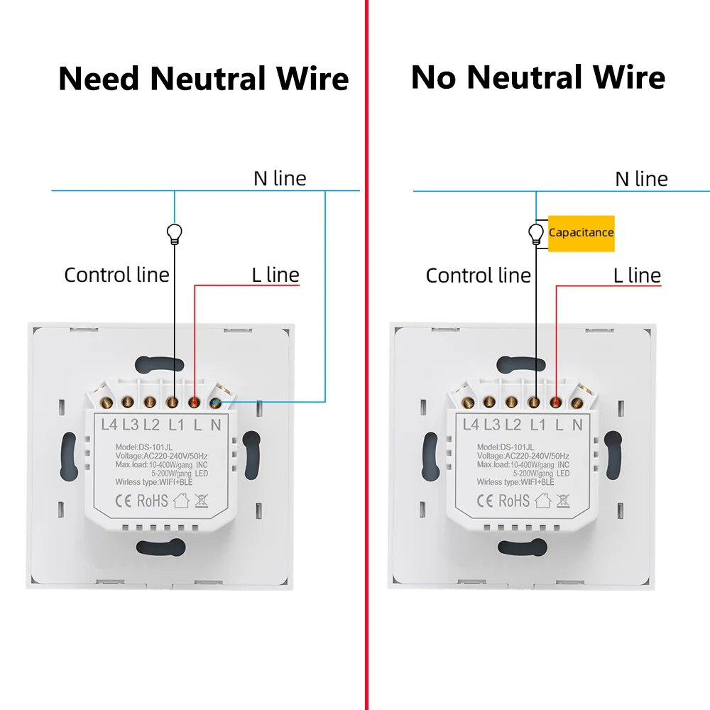 Smart Switch EU WiFi Smartlife Neutral Wire/No Neutral Wire Touch Light Switch 220V Works With Alexa Google Home 1/2/3/4 Gang. 