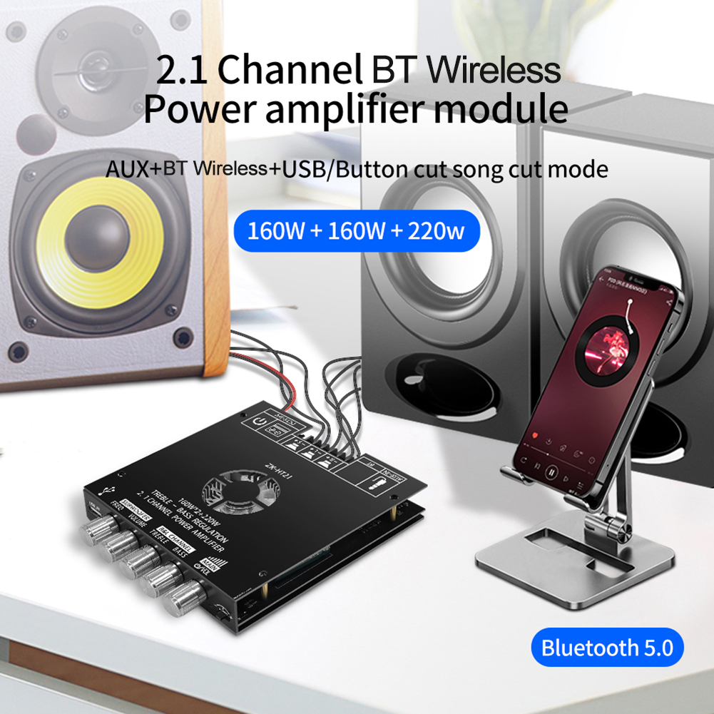 ZK-HT21 2x160+220W 2.1 Channel Bluetooth Digital Power Amplifier Board AUX Audio Stereo Subwoofer Amp Amplificador Board Module. 