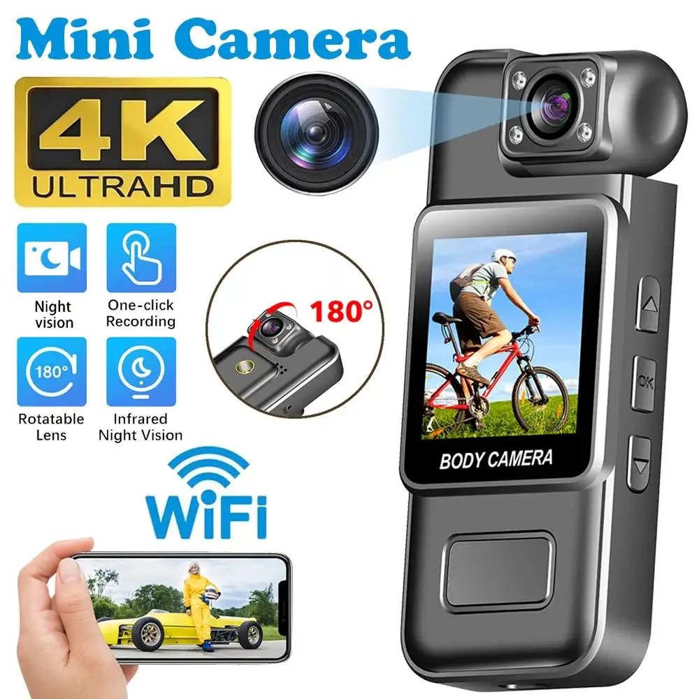 4K Ultra HD Body Worn Camera, Portable Wearable Mini BodyCam with Night Vision, 180° Rotatable Lens, Long Battery Life Video Rec