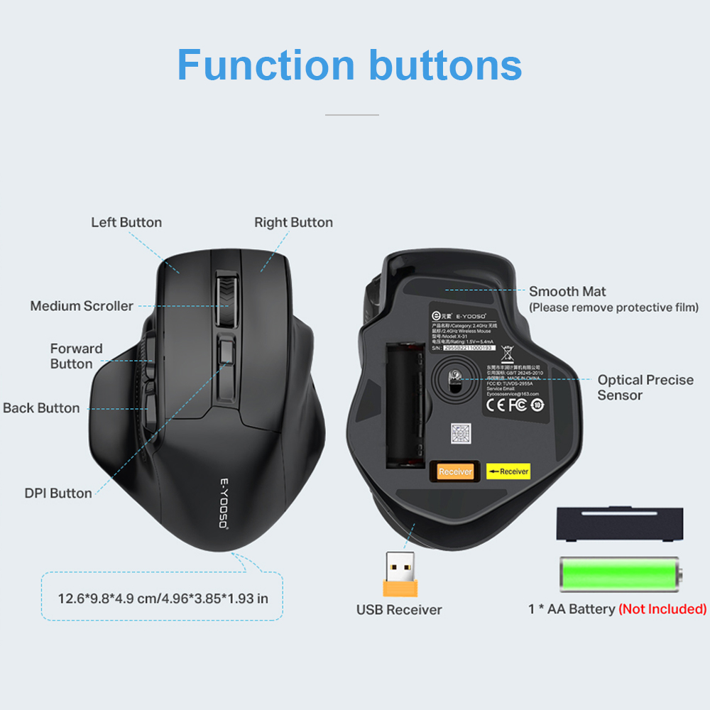E-YOOSO X-31 USB 2.4G Wireless Gaming Large Mouse for Big Hands PAW3212 4800 DPI 5 buttons for gamer Mice computer laptop PC. 