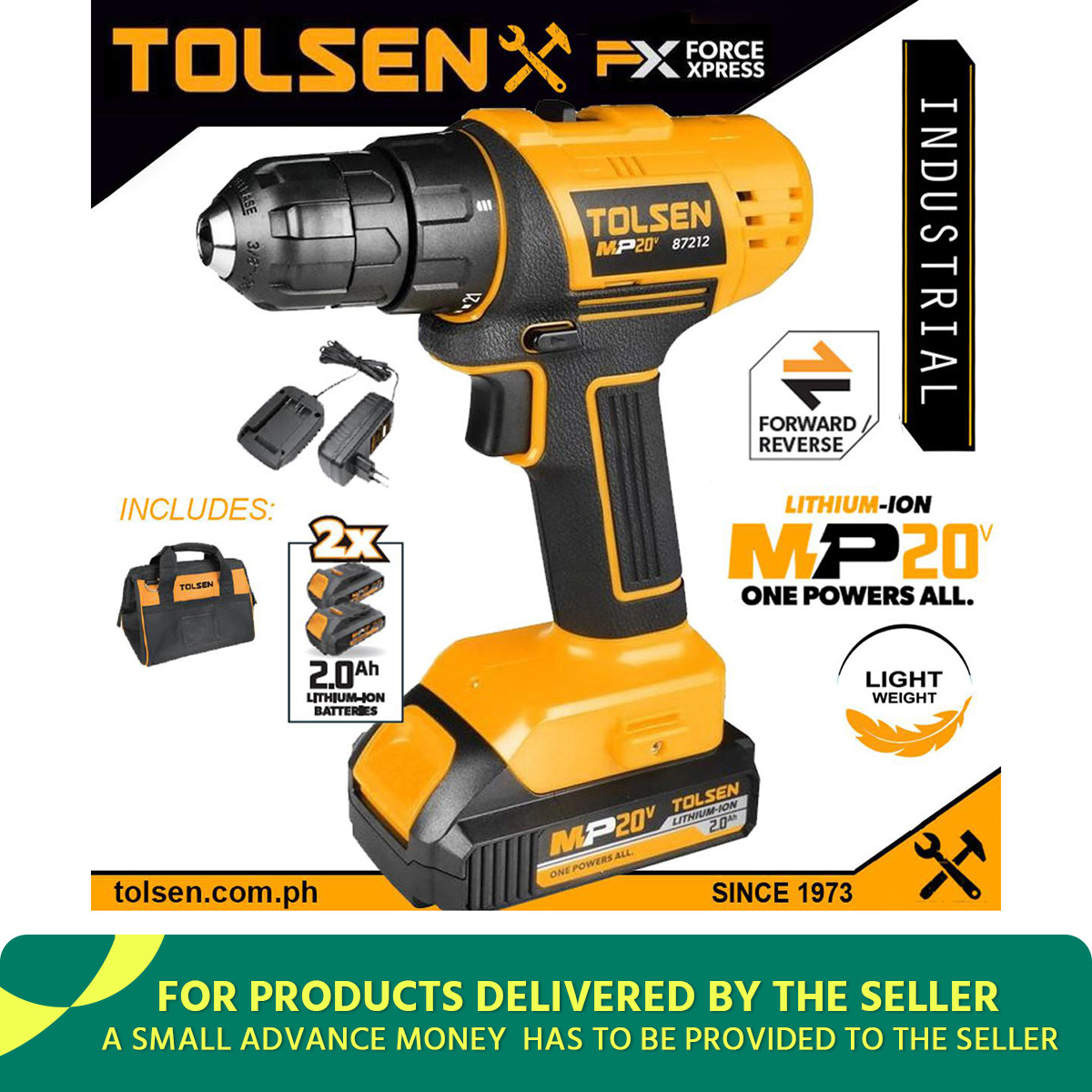 TOLSEN 20V LI-ION Cordless Drill 10mm chuck, Include: 2 Battery, 1pcs Charger & Tool Bag (All in One 20V Battery)  Model: 87212