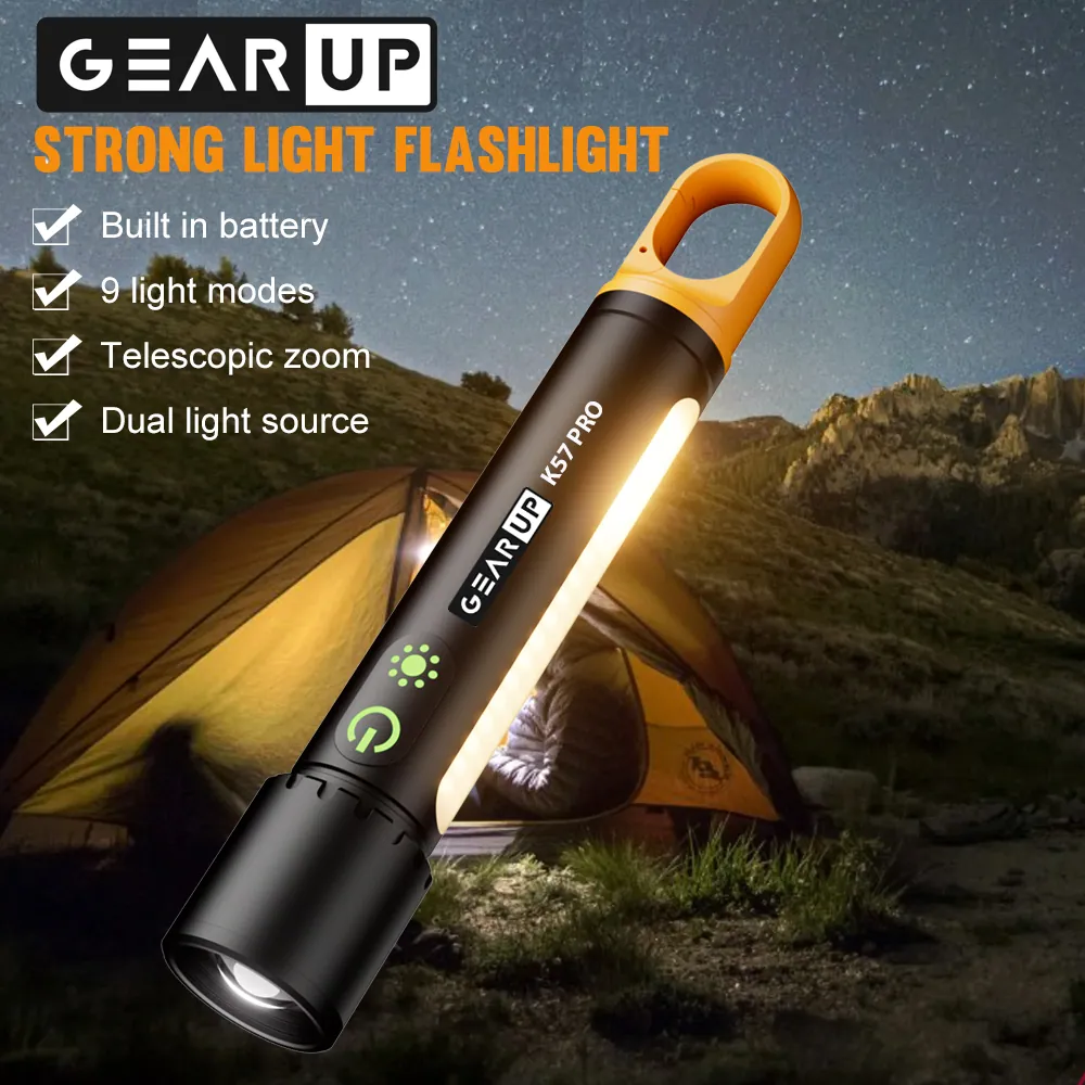 GearUP K57 PRO Rechargeable High Power Flashlight + Large COB Light with 3500mAh Lithium Battery. 