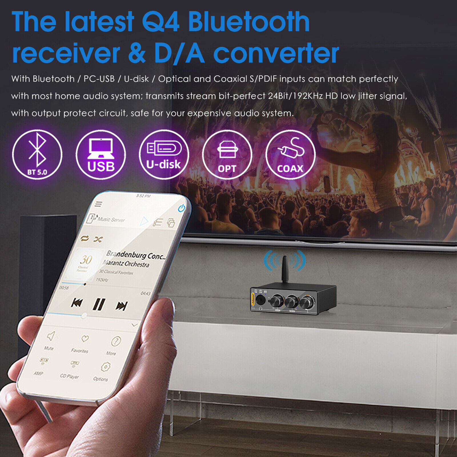Nobsound Q4 Mini Ddigital to Analog Converter Bluetooth Receiver S/PDIF USB Gaming DAC COAX / OPT Headphone Amp 24Bit/192K. 