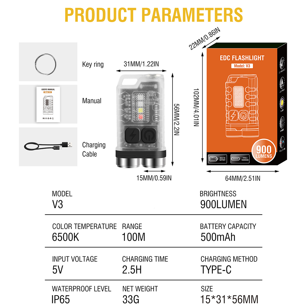 BORUiT V3 LED Keychain Portable Flashlight Work Light Type-C Rechargeable Mini Torch with Magnet UV Camping Pocket Lantern. 