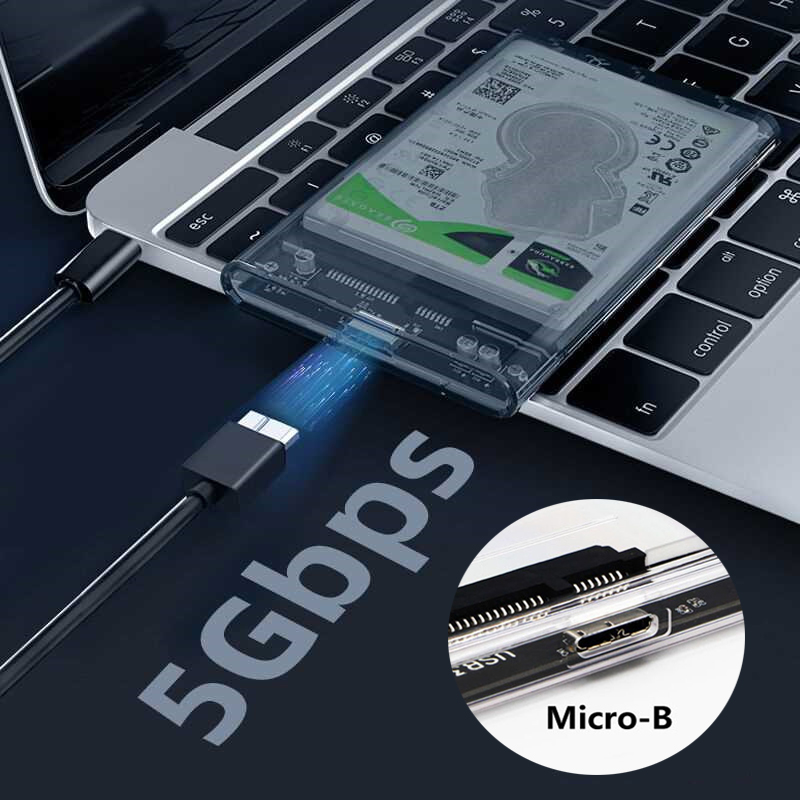 USB 3.0/Type C External Hard Drive Enclosure for 2.5 Inch SATA HDD and SSD Transparent Hard Disk Case Tool-Free Support UASP. 