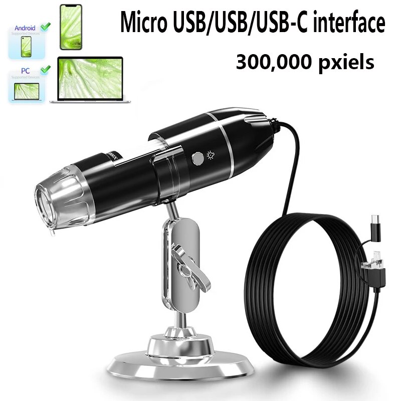 1600X 3in 1 Digital Microscope Camera with Stand Portable Electronic Microscope For Soldering LED Magnifier Type-C USB Android. 