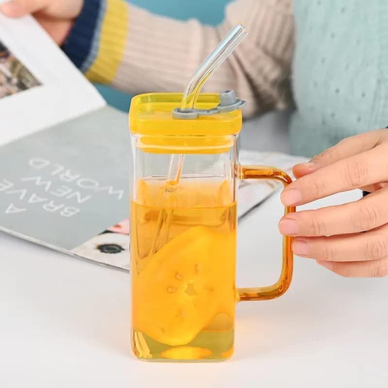 Premium-Square Mason Jar 400ml - Elegant Glass Container for Storage, Preservation and Decor, Airtight Lid, Versatile and Stylish Jar,Milkshake, Coffee & Juice Jar with Straw (Set of 1). 