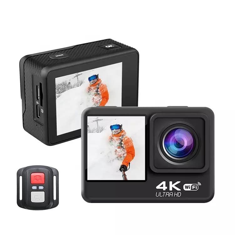 Dual Screen 2-inch TFT 4K Wifi 20MP Action Camera With Remote - Black With 2 Battery, Charger, Remote External Microphone