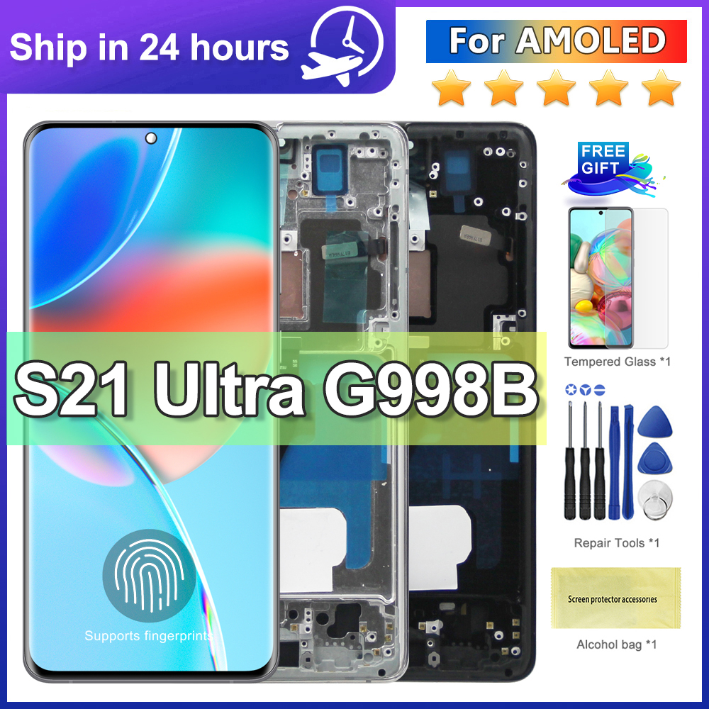 For AMOLED LCD Display For Samsung S21 Ultra 5G G998F G998B LCD Display Touch Screen with Frame Repair Parts