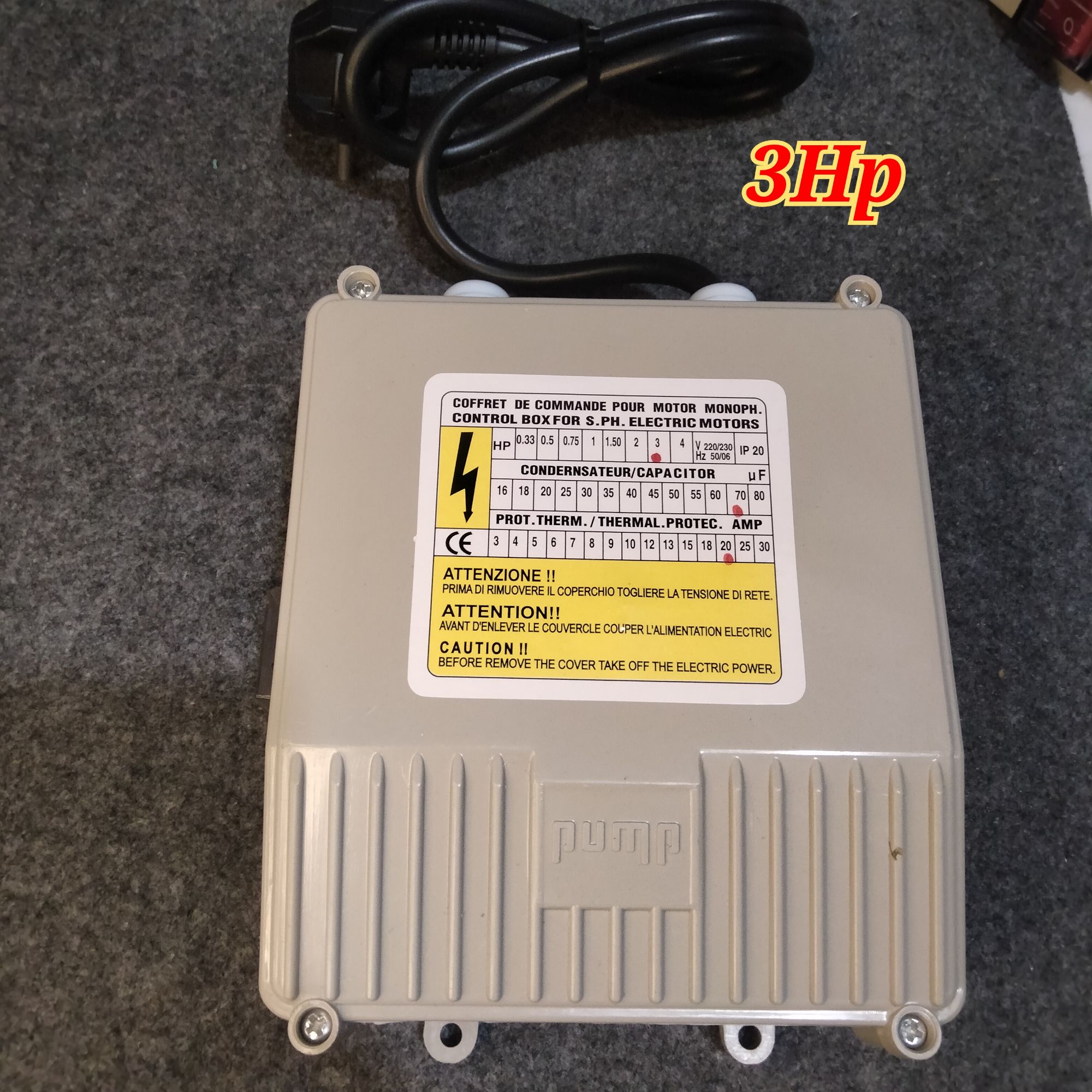 Motor Control Unit Submersible Weter Pump Control Device With Capacitor 70mfd

3hp Submersible control box. 