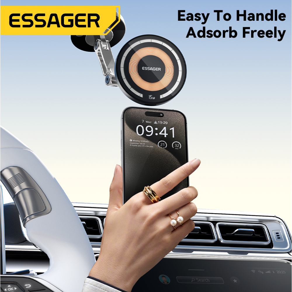 Essager Magnetic Wireless Charger Car Phone Holder 15W Fast Charging Easy Paste Mount Stand For Magsafe iPhone 15 14 13 Pro Max. 