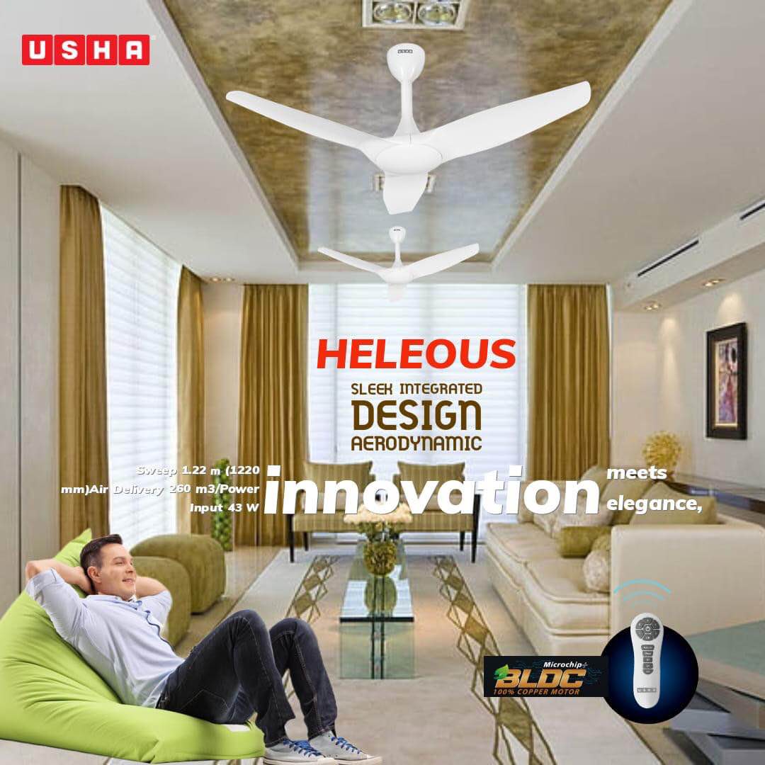 USHA Heleous 1220mm Premium BLDC Ceiling Fan with Rust Free ABS Blades and RF Remote (White)