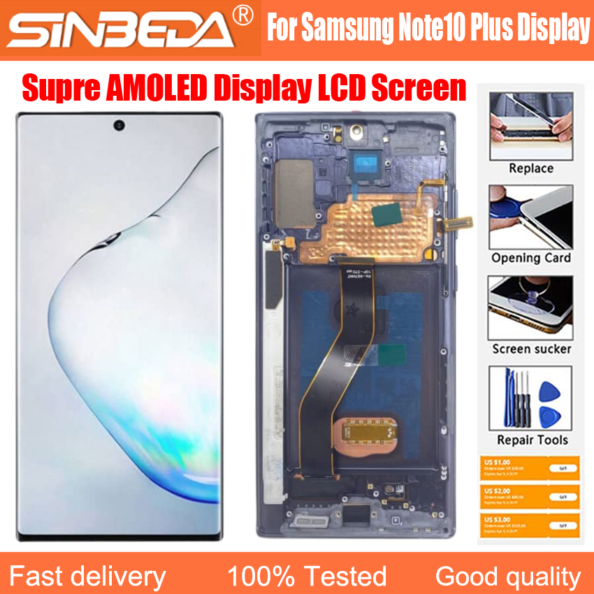 Super AMOLED Display for Samsung Note 10 Plus, 4G, 5G, Touch Screen Note10 + N975F, N976F, LCD Support S Pen, Fingerprint Work