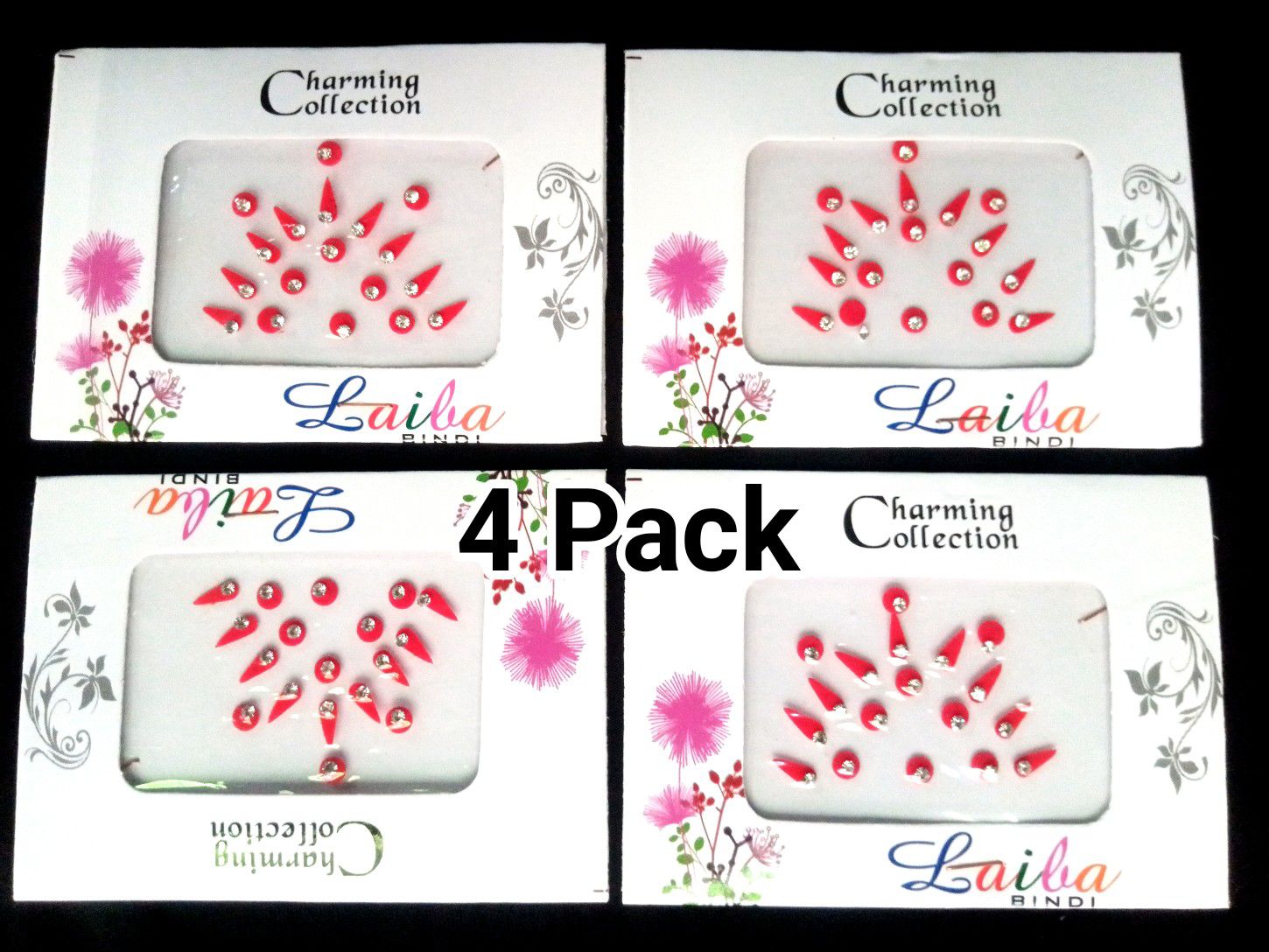 Fashionable Red Color Bindi/ Tip With White Stone -4 Packet