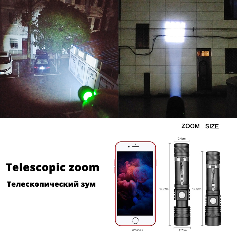 Ultra Bright LED Flashlight With XP-L V6 LED lamp beads Waterproof Torch Zoomable 4 lighting modes Multi-function USB charging. 
