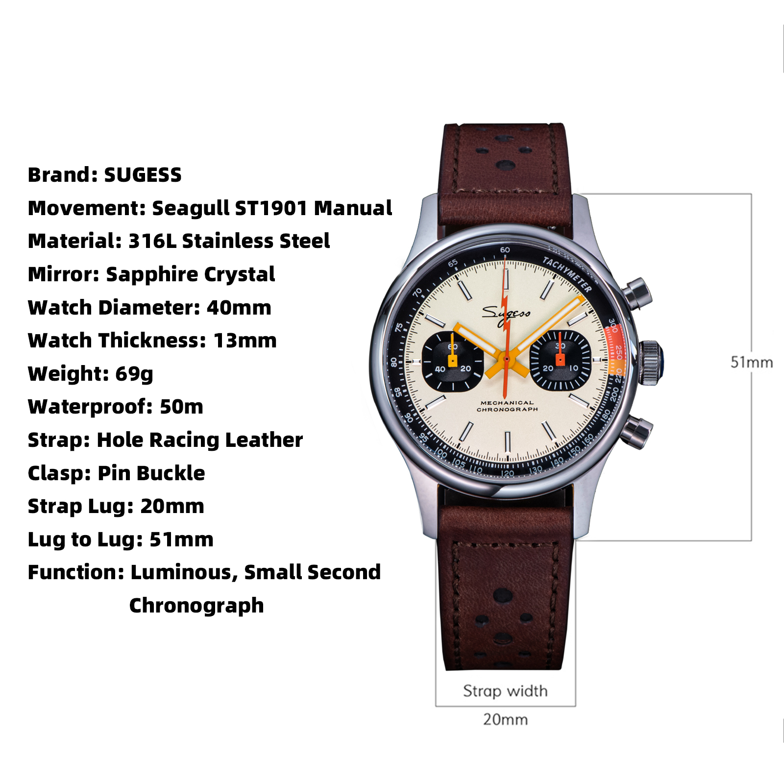 Sugess Watch of Men Chronograph Mechanical Wristwatches with Seagull ST19 Swanneck Movement Pilot Sapphire Crystal Racing V2 New. 