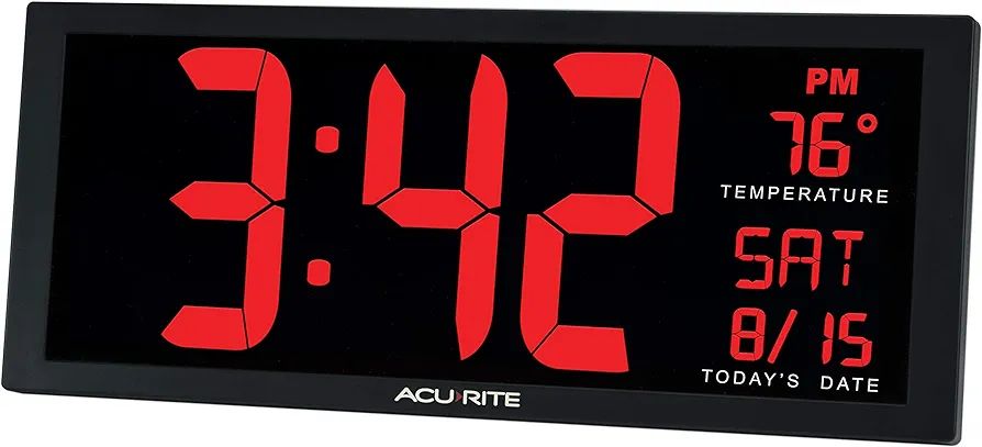 AcuRite Large Digital LED Oversized Wall Clock with Date and Temperature, Perfect for Home or Office (75127M), 14.5-Inch, Red. 
