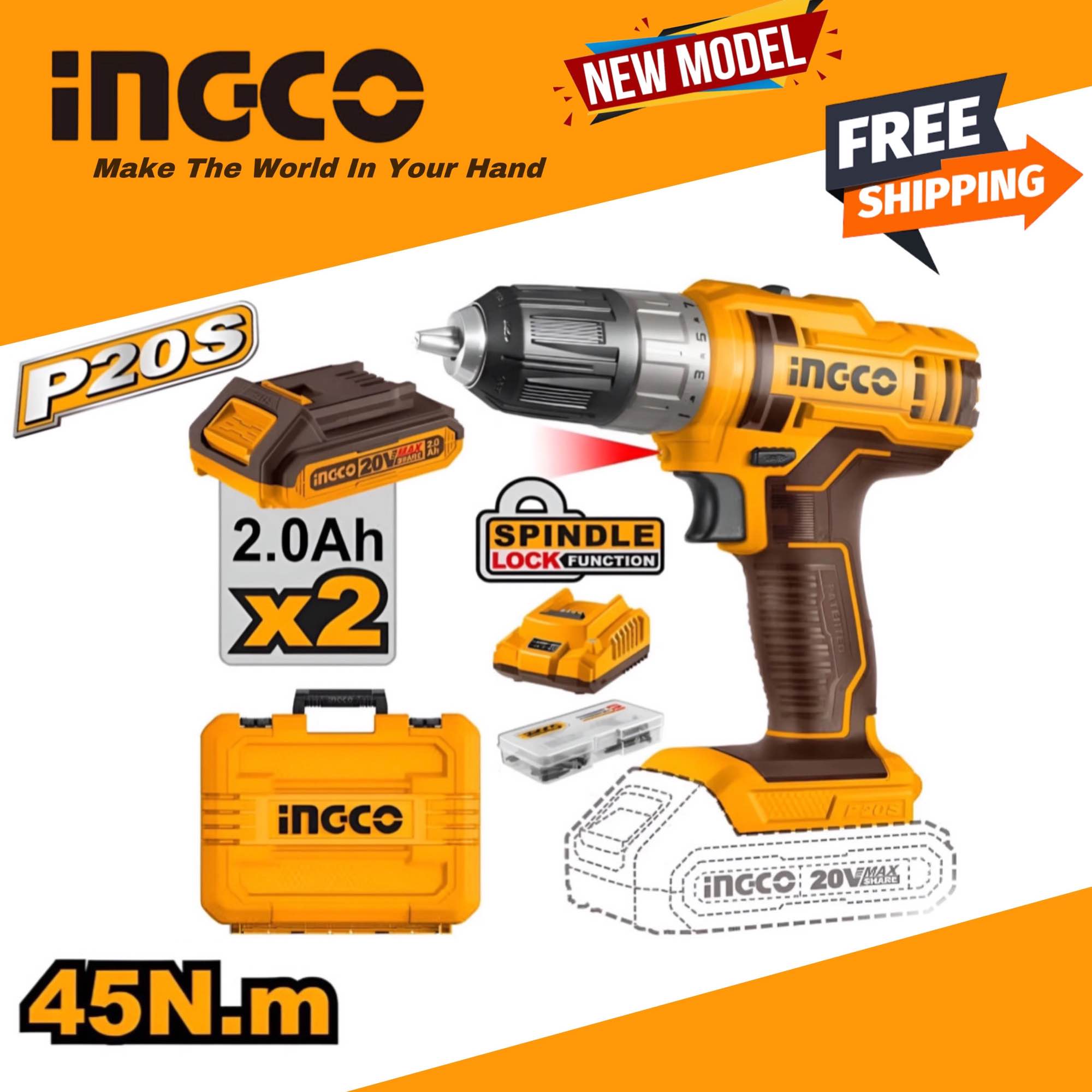 INGCO Cordless Drill Machine 20V Battery | Charger Drill Machine 20 Volts 2.0Ah Battery And 47pis Accessories Included ( Bit & Screw ). 