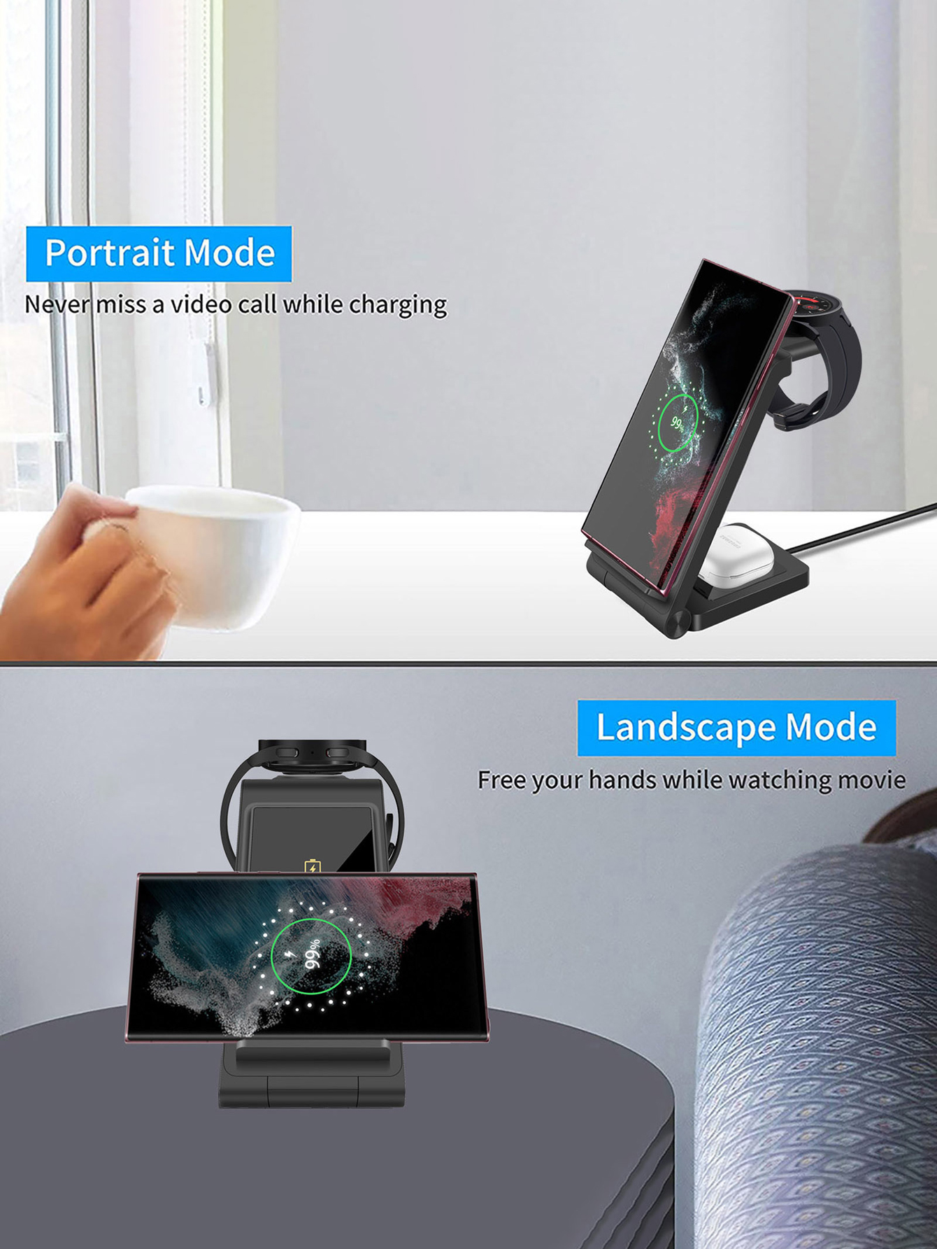 3 in 1 Wireless Charger for Samsung S23 Ultra/S22/S21/S20/Note 20/Z Flip 4/Z Fold 4 Fast Charging Station for Galaxy Watch 5 Pro. 