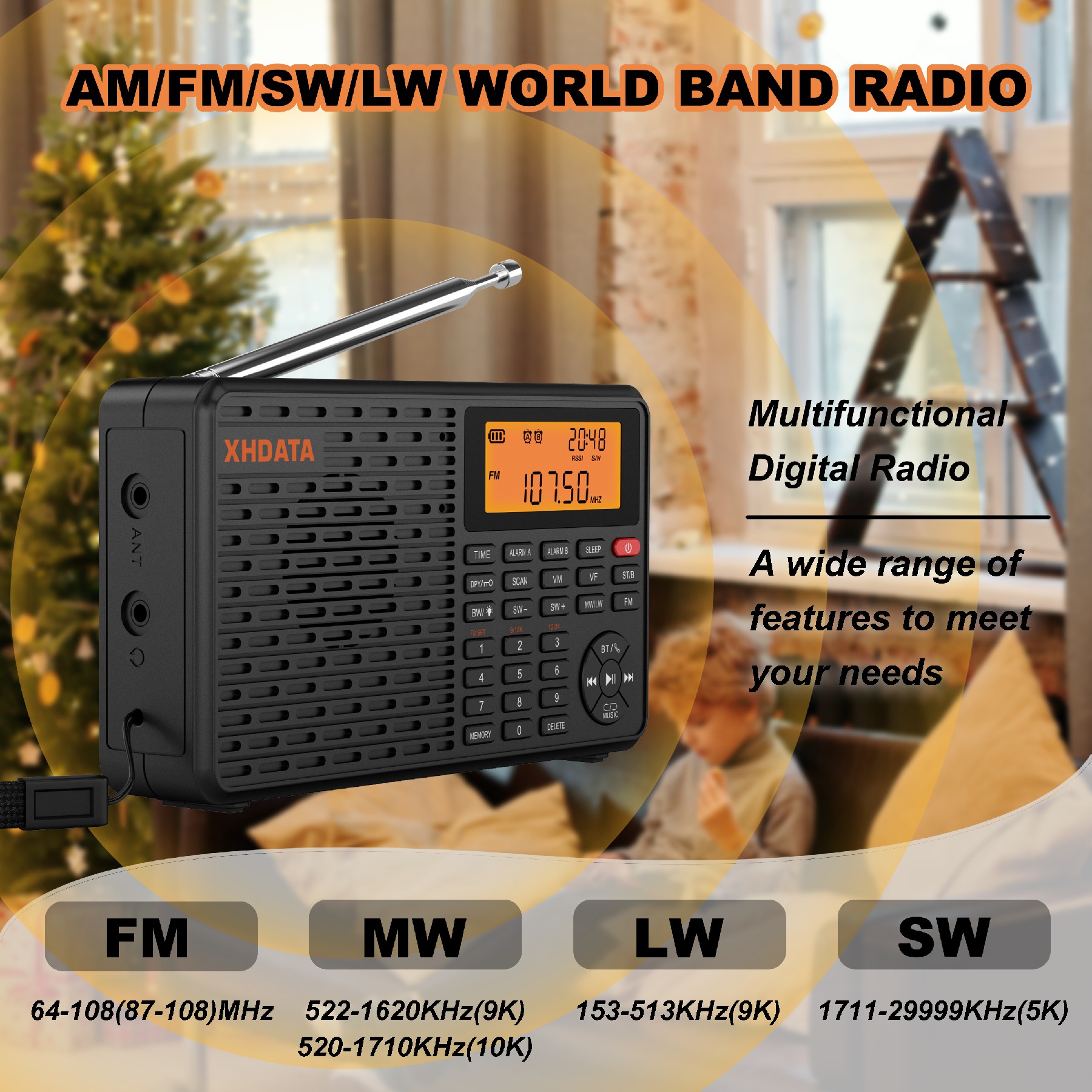 XHDATA D-109 Stereo Digital Portable Radio AM SW MW FM Radio Bluetooth Compatible Multifunctional Radio Support TF Card Player. 