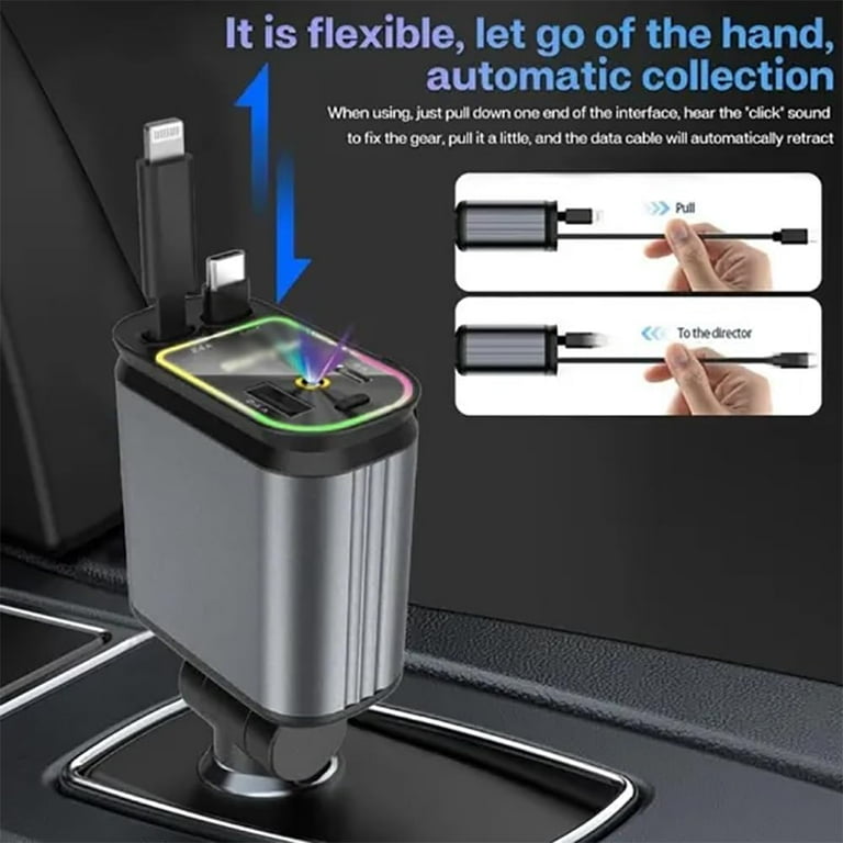 Starlight Retractable Car Charger with Retractable Cables, Starlight in Car Roof 4 in 1 Super Fast Car Phone Charger, 2 USB Ports Starry Sky Adapter 4 in 1 Retractable Fast Car Charger