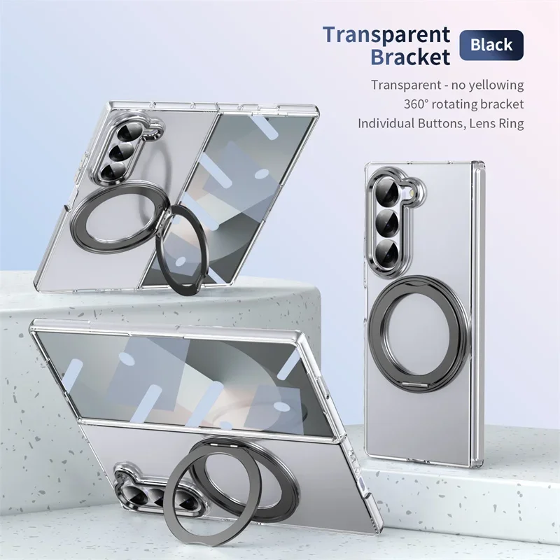 360 Rotating Magnetic Stand Phone Case for Z Fold 8 Ultra 7 6 5 4 3 Wireless Charging Transparent Protect Cover