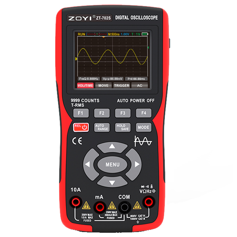 ZOYI ZT-702S 2 in 1 Handheld Digital Automotive Oscilloscope Multimeter, Single Channel 10MHZ Bandwidth,64Kbyte Record Length,48. 