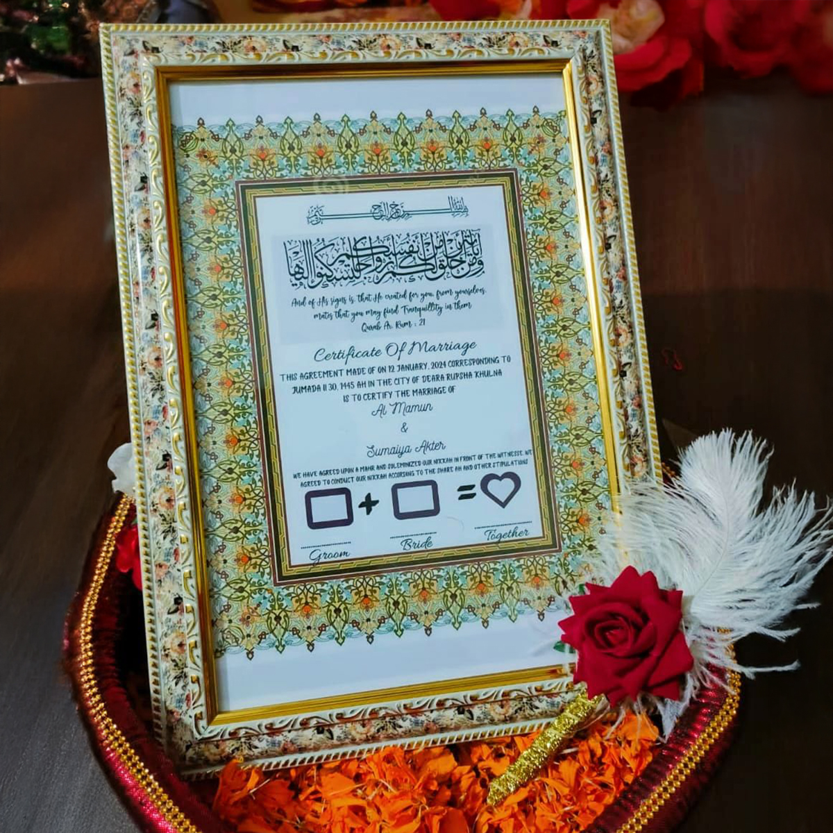 Nikah Nama Frame Customizable Glass/Plastic Marriage Certificate Display. 
