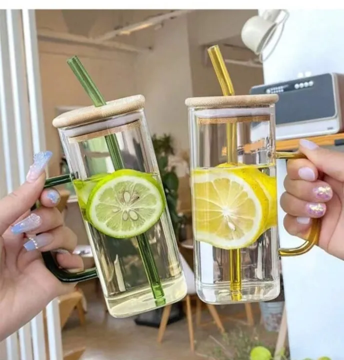 Premium-Square Mason Jar 400ml - Elegant Glass Container for Storage, Preservation and Decor, Airtight Lid, Versatile and Stylish Jar,Milkshake, Coffee & Juice Jar with Straw (Set of 1). 