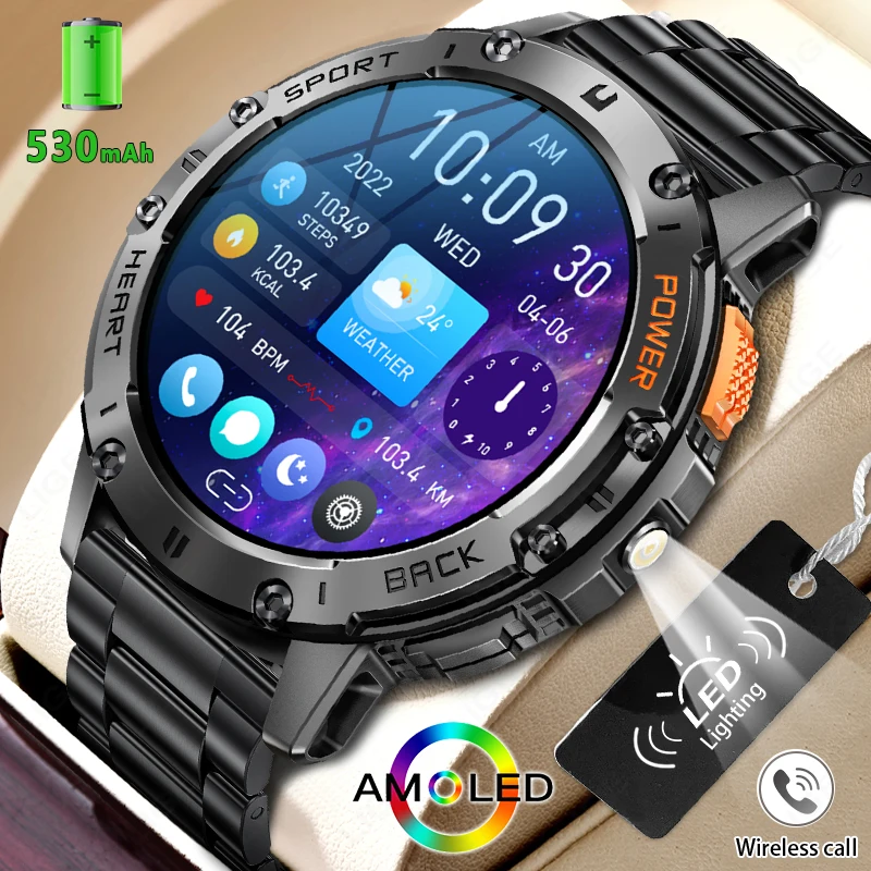 For Android ios New AMOLED Smart Watch Men With Flashlight Riding Sport Waterproof Fitness Tracker Bluetooth Call Smartwatch Man