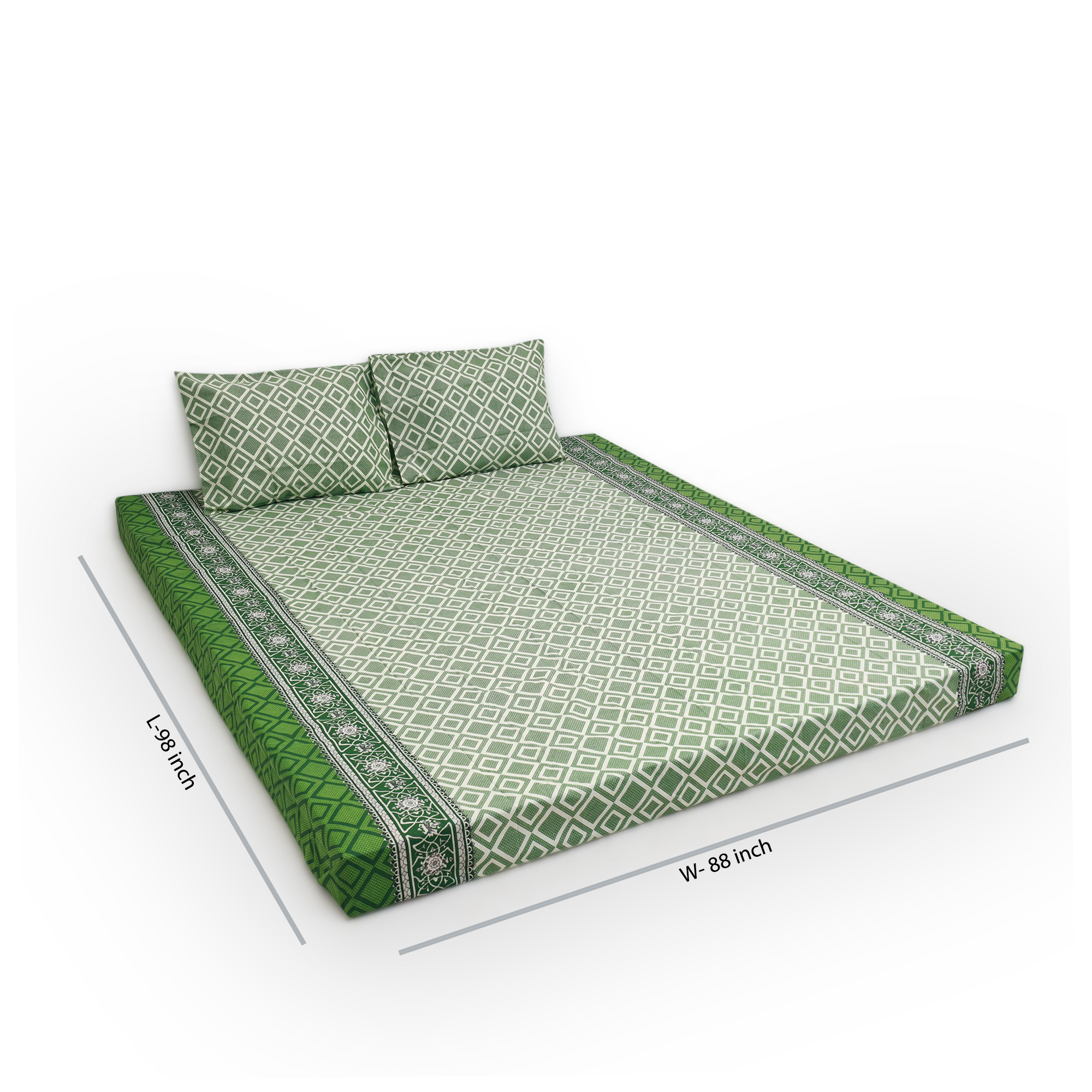 King Size Premium Bed Sheet 88" x 98" with 2 Pillow Covers | Green and White Square Print. 