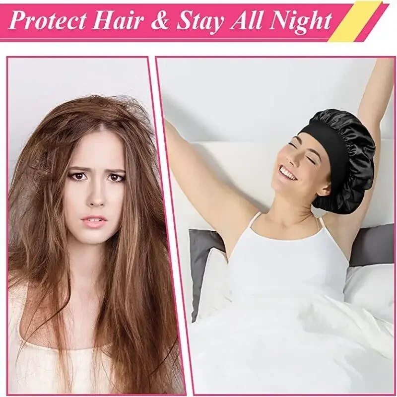 Women's Wide Brim Nightcap Silk Bonnet Hair Wrap for Sleeping Sleep Cap With Elastic Soft Band Sleep Cap With Elastic Soft Band. 