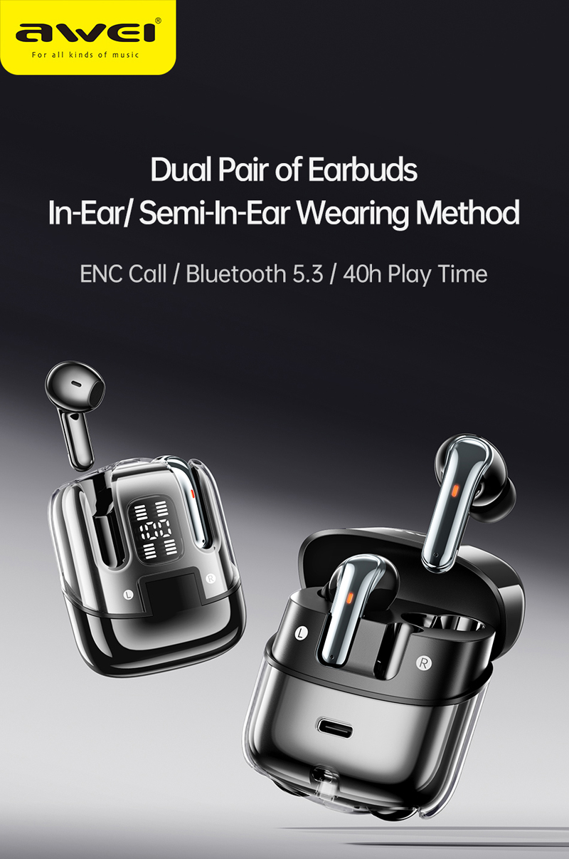 AWEI T79 TWS ENC 2 Pair Original Heavy Bass In-ear Semi-in-ear Dual Mode ENC Smart Noise Cancelling True Wireless Bluetooth Earbuds- Fiction Tech. 