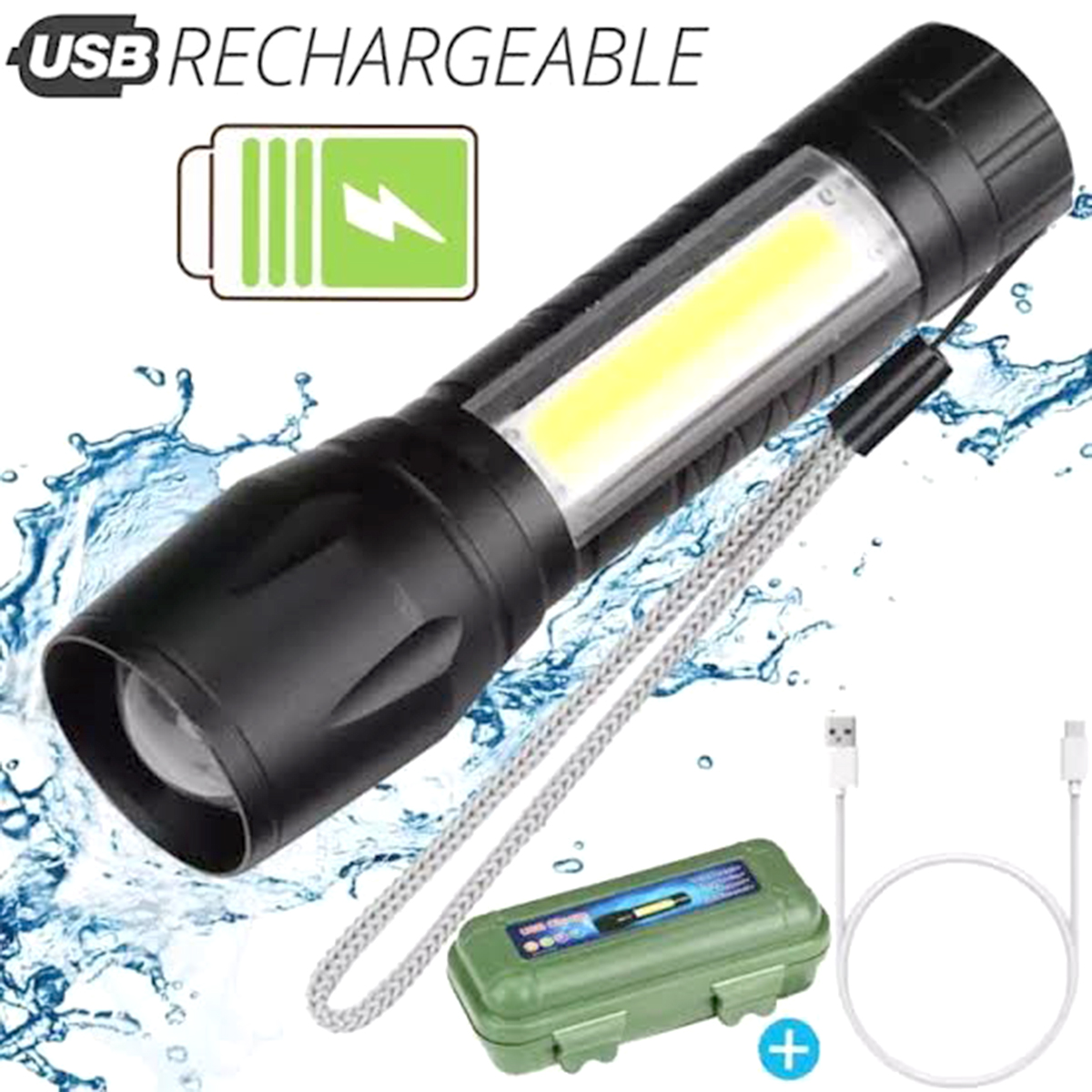 Recharge-able Flashhlight Torch LED USB Portable Torches 3 Modes Mini Camping Lighting - Torch Light. 