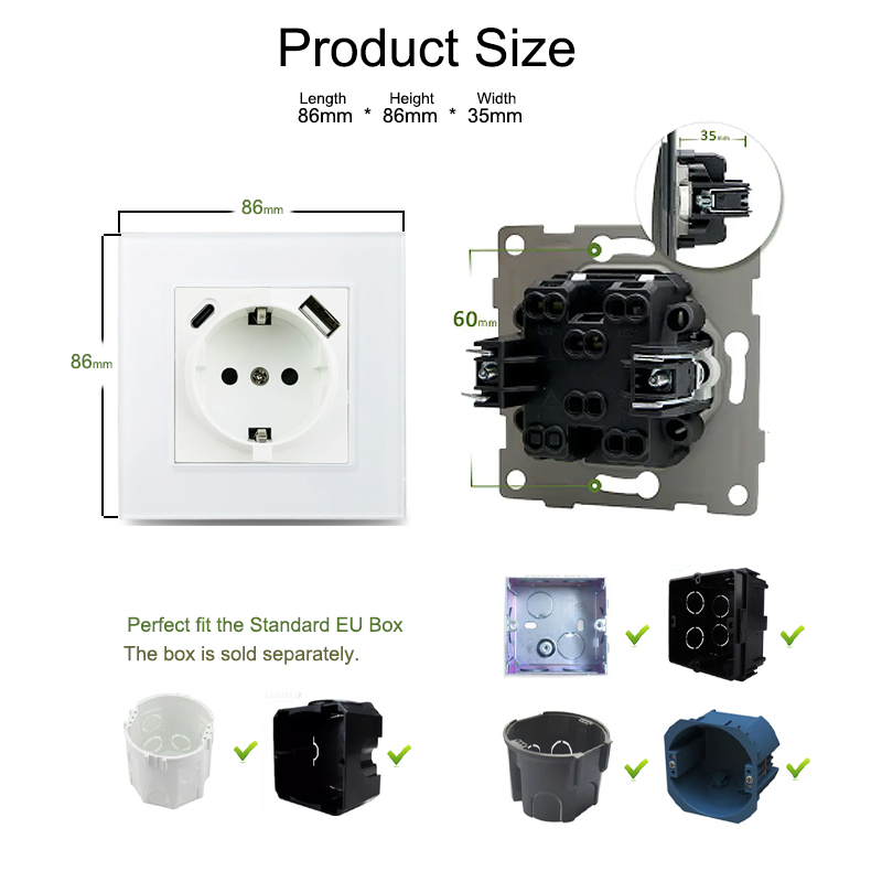 16A French Poland Belgium Standard Power Socket Fast Usb Type C Crystal Glass Panel Euro Electrical Outlet A Type-C Plug. 