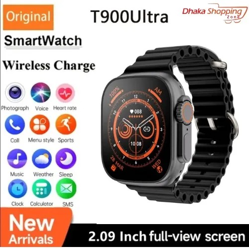 T900 Ultra Smart Watch with 2.09" HD Screen & Bluetooth Features | Pedometer-Heart Rate-Blood Pressure Meter | For both iPhone & Android Phone. 