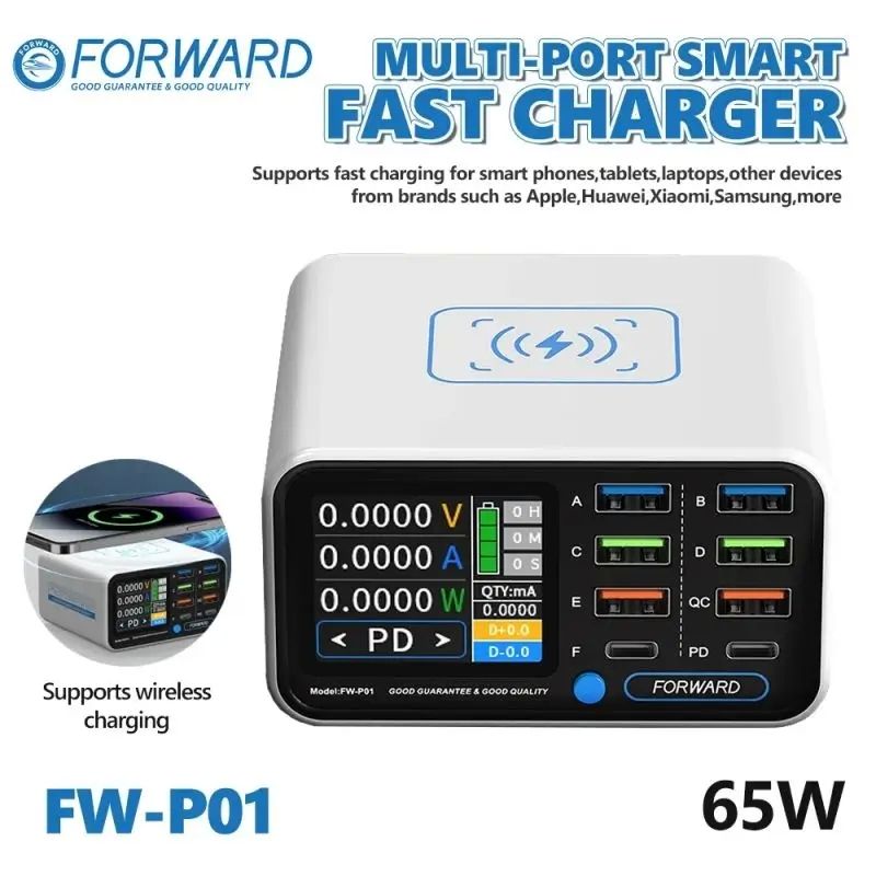 Forward FW-P01-Multi-port Smart Fast Charger Wireless Color LED Display 65W 8 Port 6 USB 2 PD Type C Quick Charge 22W AC 220V Input