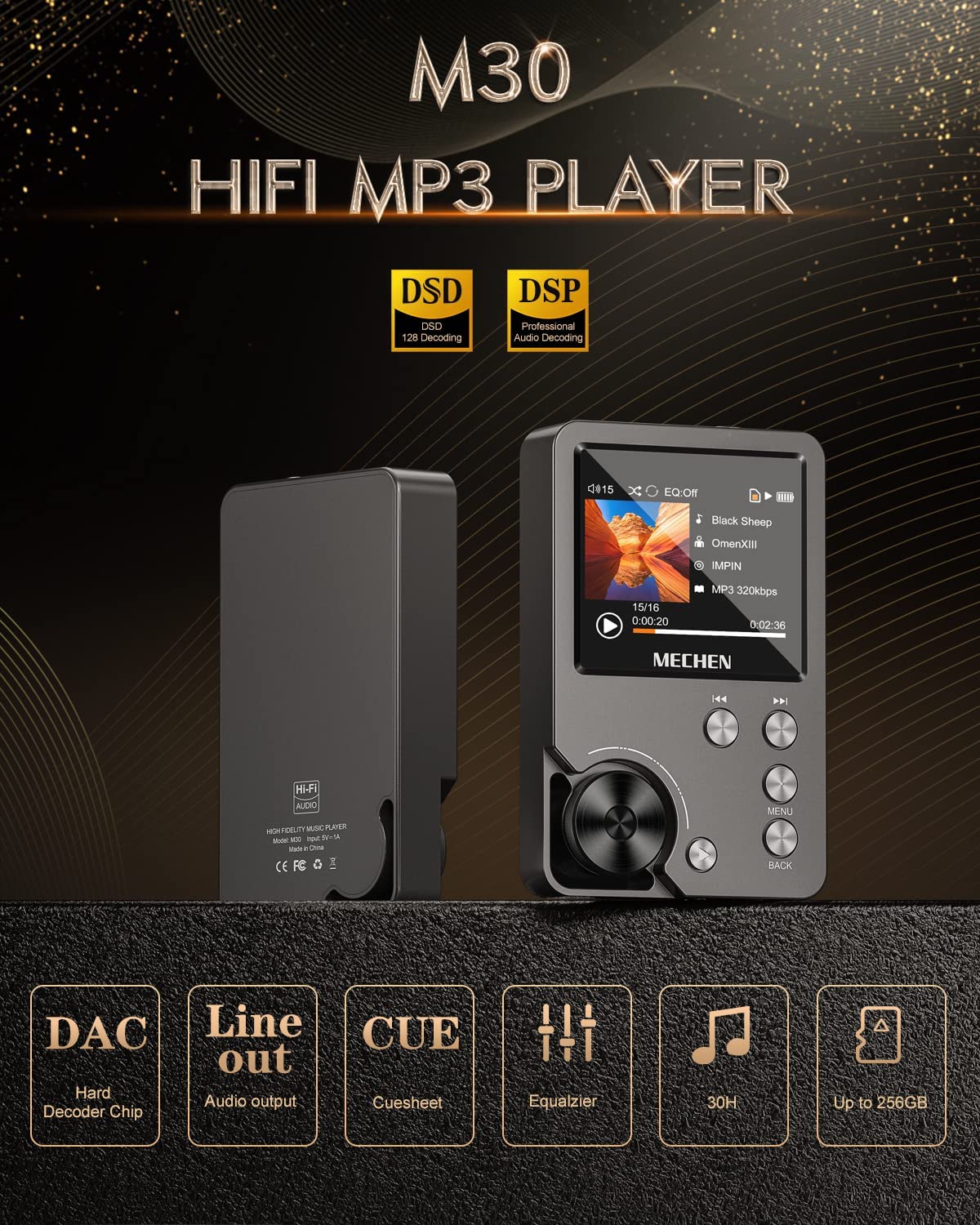 MP3 Player, Lossless DSD High Definition Portable Hi-Fi Digital Audio Music Player with 64GB Memory Card, Supports Up to 256GB. 