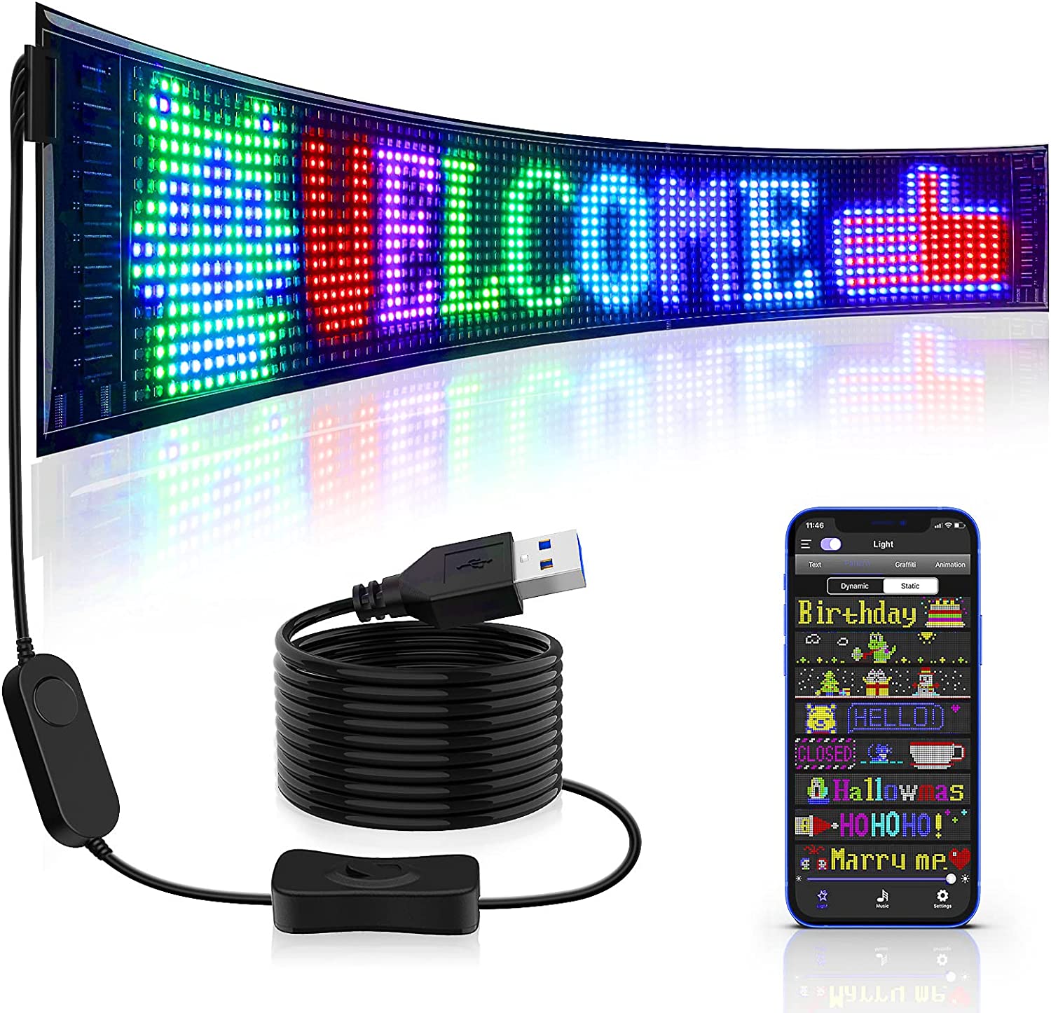 LED Matrix Pixel Panel ,USB 5V Flexible Addressable RGB Pattern Graffiti Scrolling Text Animation Display Car Shop,Bluetooth APP. 