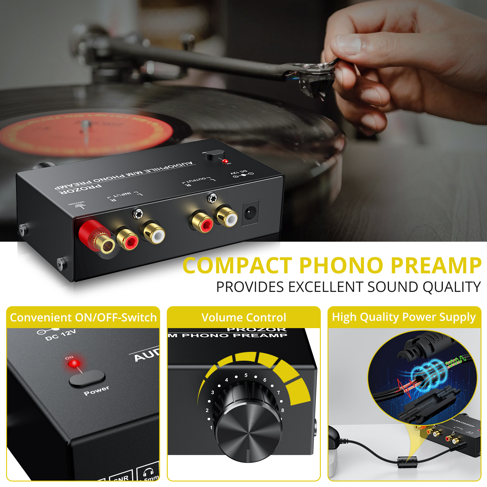 Prozor Phono Preamplifier Converter Audiophile M/M Phono Preamp Preamplifier With Level Control 2 RCA Input & Output For AK-750S. 