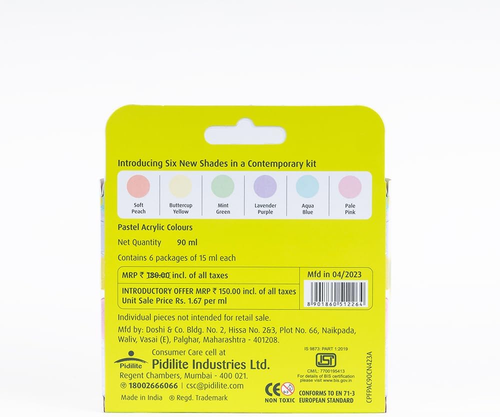 Fevicryl Multi Surface Pastel Acrylic Colours Kit 6 Shades X 15Ml | Ideal For Wood, Glass, Canvas, Metal, Plastic, Mould It | For Hobbyists, Artists, Diy Art And Craft. 