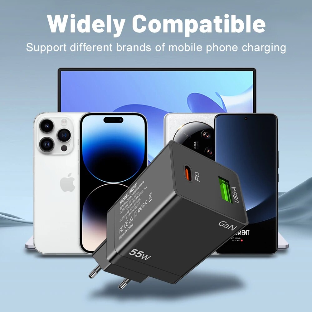 55W USB C PD Korea GaN Charger QC3.0 Fast Charging KR Plug For iPhone 15 14 Pro Max iPad Xiaomi Samsung S23 POCO. 