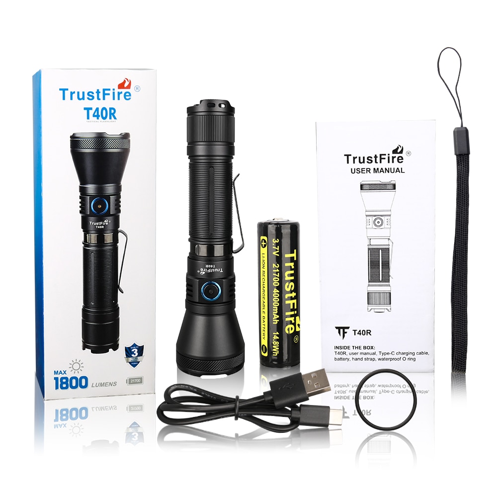 Trustfire T40R Tactical Rechargeable lamp 1800Lumen 550Meter Beam Range Led Flashlight with Usb Charging Self-defense IP68 Torch. 