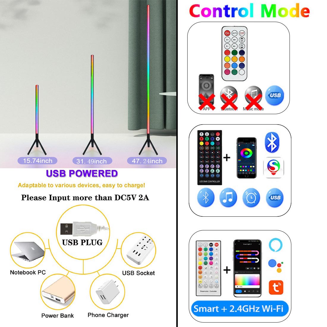 47 inch RGB LED Floor Lights Bar Ambient Backlight Voice Control Synchronous Rhythm tripod tuya lamp Gaming stand Lighting 120cm. 