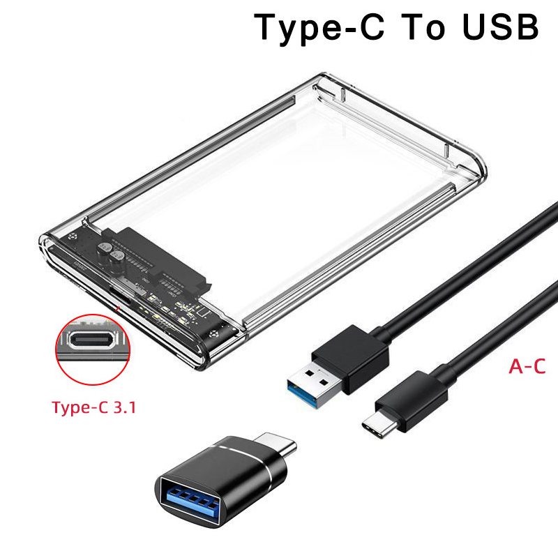 USB 3.0/Type C External Hard Drive Enclosure for 2.5 Inch SATA HDD and SSD Transparent Hard Disk Case Tool-Free Support UASP. 