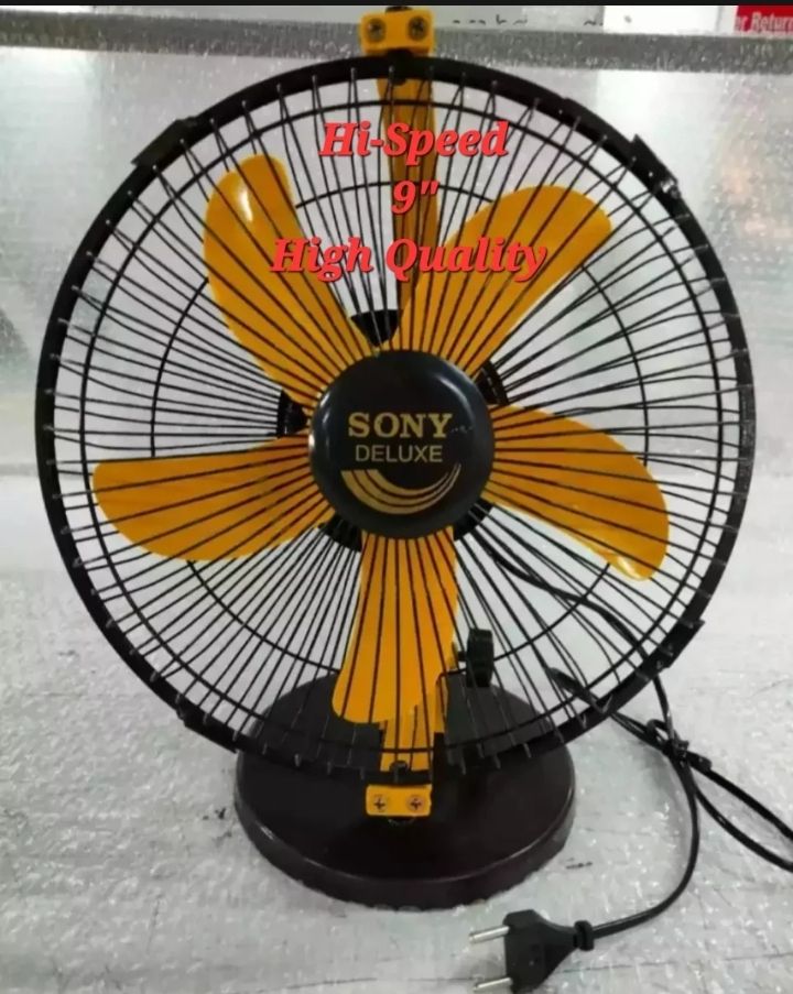 High Speed Table Fan 9 Inc Sony Steel Base 5 wings(Yellow/Black Color)