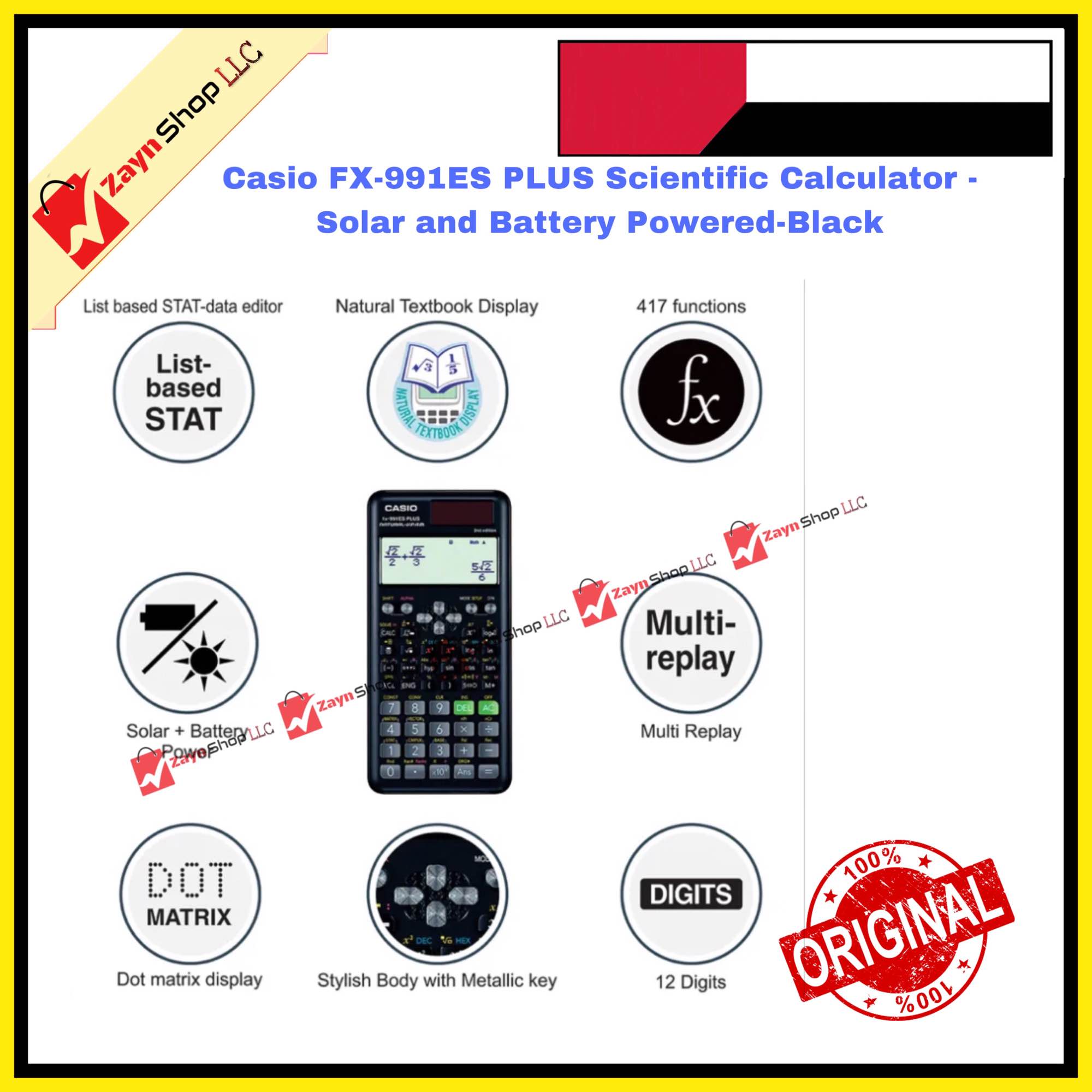 Casio FX-991ES PLUS- Scientific Calculator - Solar and Battery Powered-Black. 
