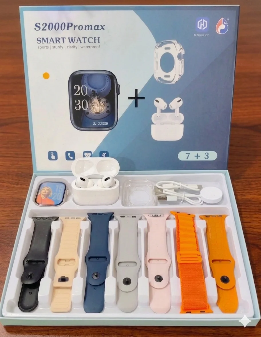 S2000 Pro Max Smart Watch with Wireless AirPods Pro - 10-in-1 Mega Combo Pack - 7 Changeable Straps/Belts with Free Protective Watch Cover - Bluetooth Call & Fitness Tracker Smartwatch for Men & Women