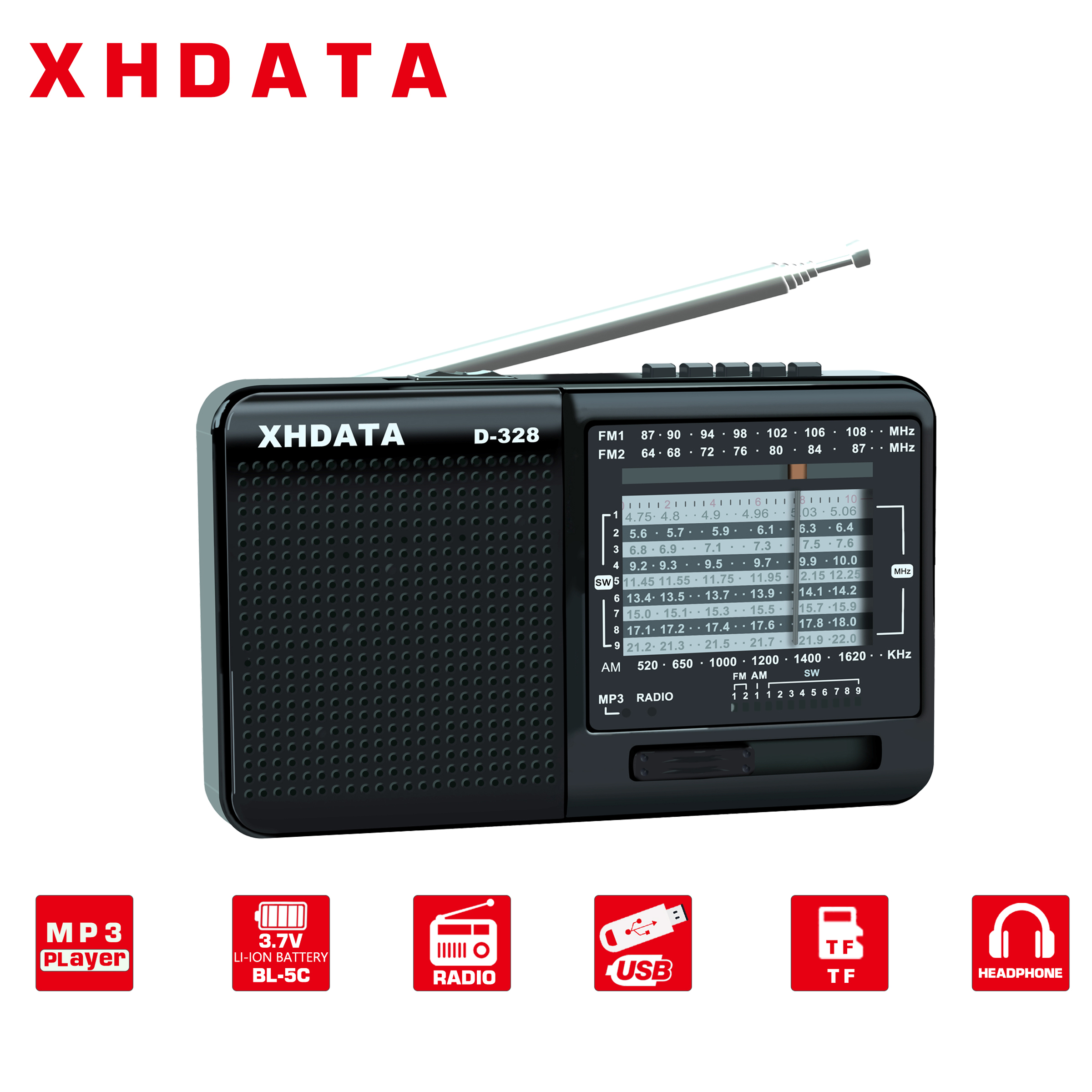 XHDATA D-328 12-Band Portable Radio AM/FM/SW DSP Technology MP3 Player TF Card Slot USB Mini FM Receiver with Bluetooth Radio. 